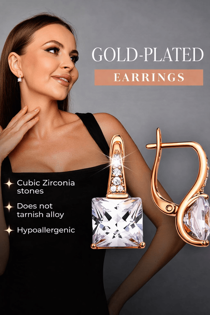 Square earrings with cubic zirconia, gold plated