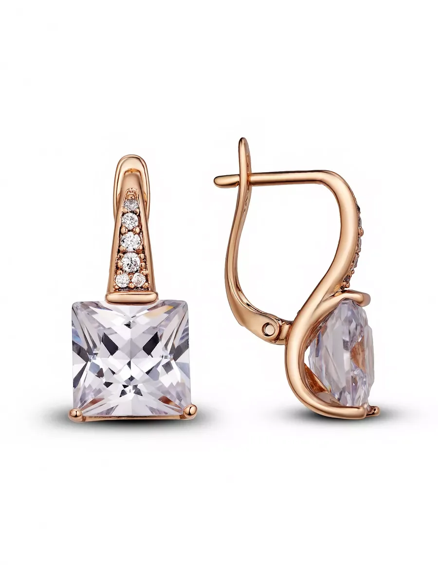 Square earrings with cubic zirconia, gold plated
