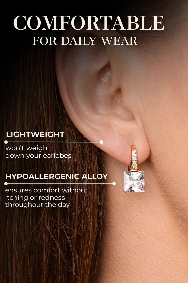 Square earrings with cubic zirconia, gold plated
