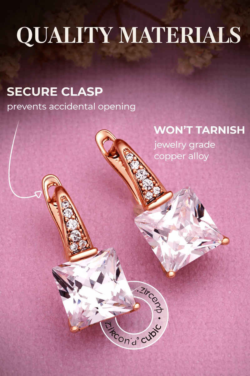 Square earrings with cubic zirconia, gold plated