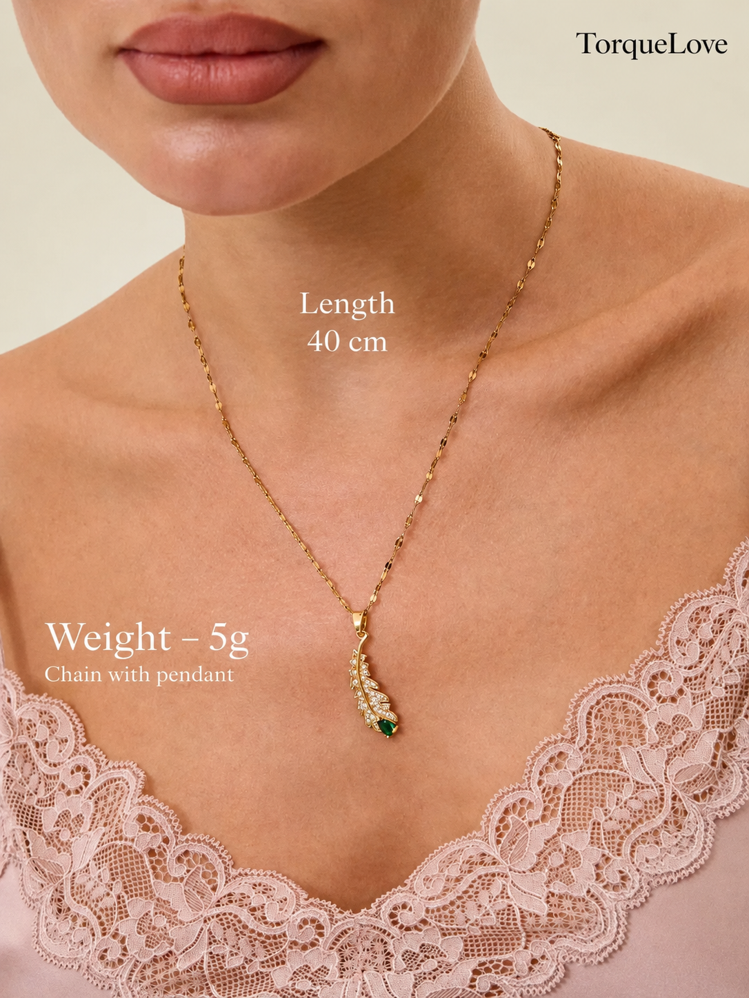 Gold Feather Pendant Necklace With Green Crystal — customer photo 4