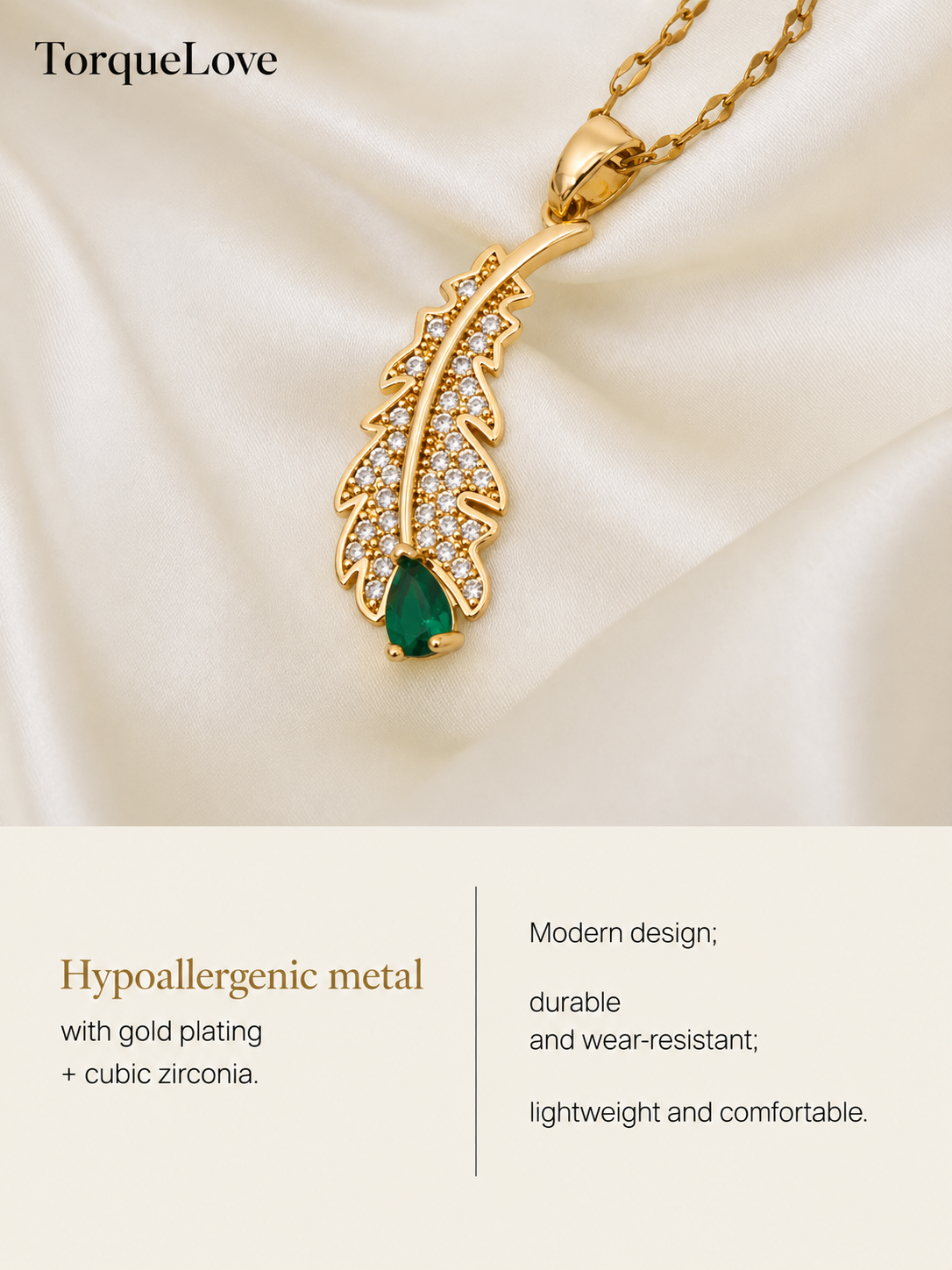 Gold Feather Pendant Necklace With Green Crystal — customer photo 5