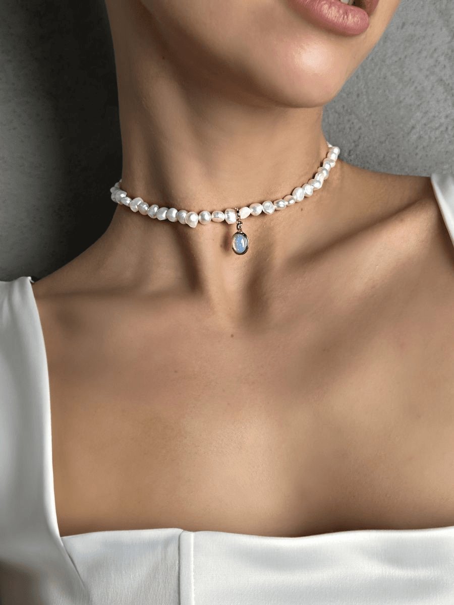Opal Charm Pearl Choker Necklace