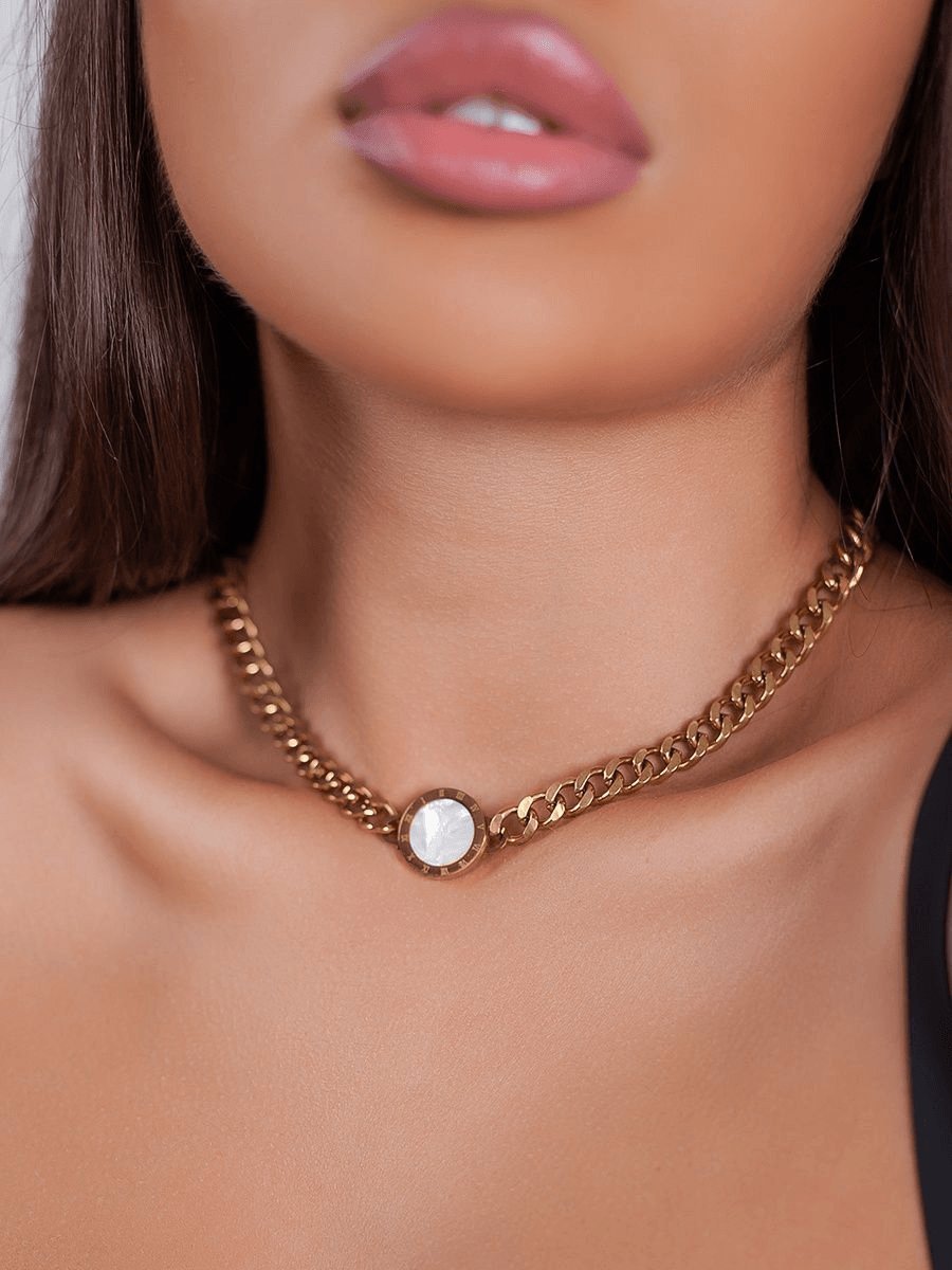 Roman Numeral Medallion Necklace with Adjustable Gold Chain