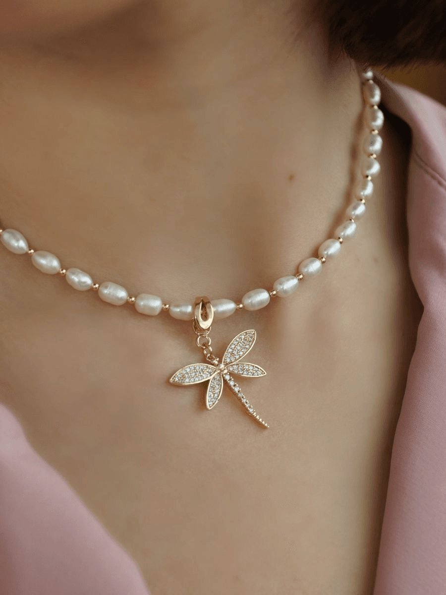 Golden Dragonfly Pearl Charm Necklace